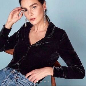 Reformation Farrah Black Velvet Button Down Top - XS